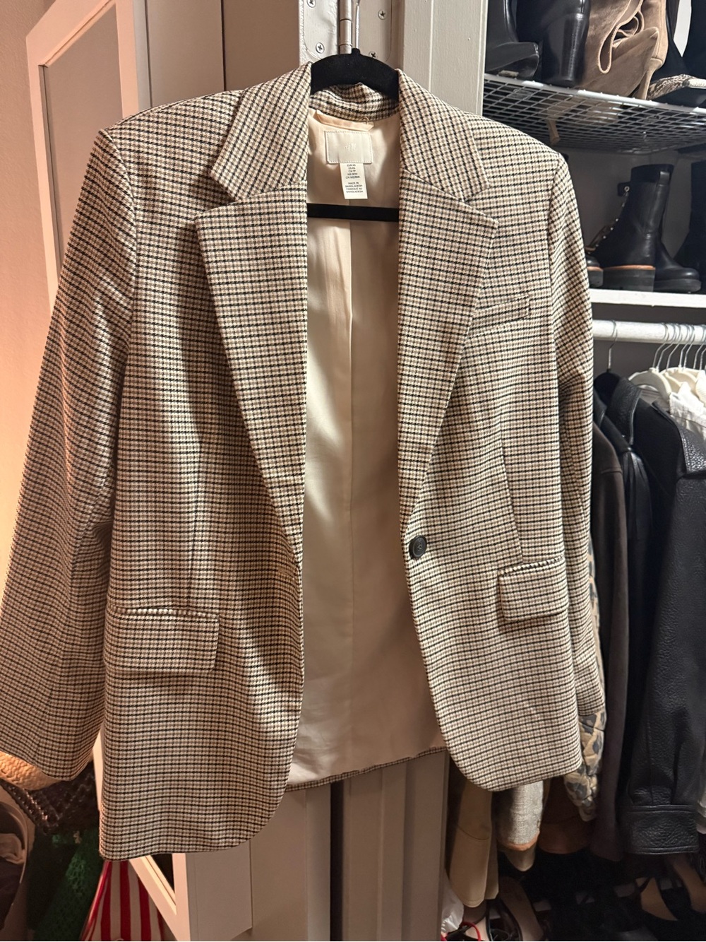 H&M Women's Plaid Blazer Jacket - Cream & Brown Houndstooth
